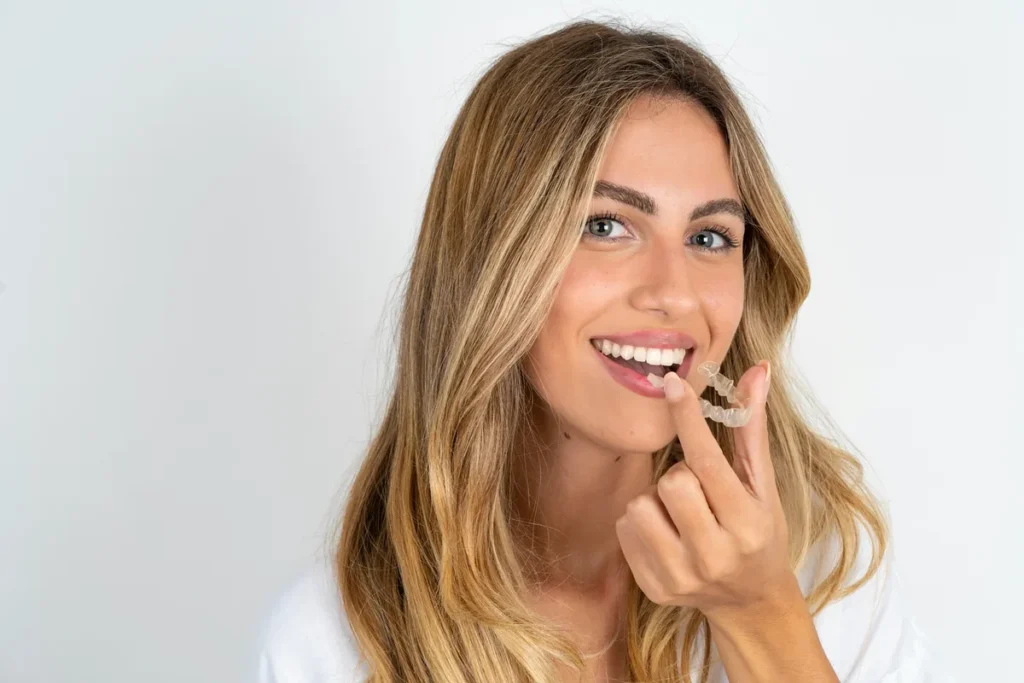 Smiling woman placing a clear Invisalign aligner on her teeth
